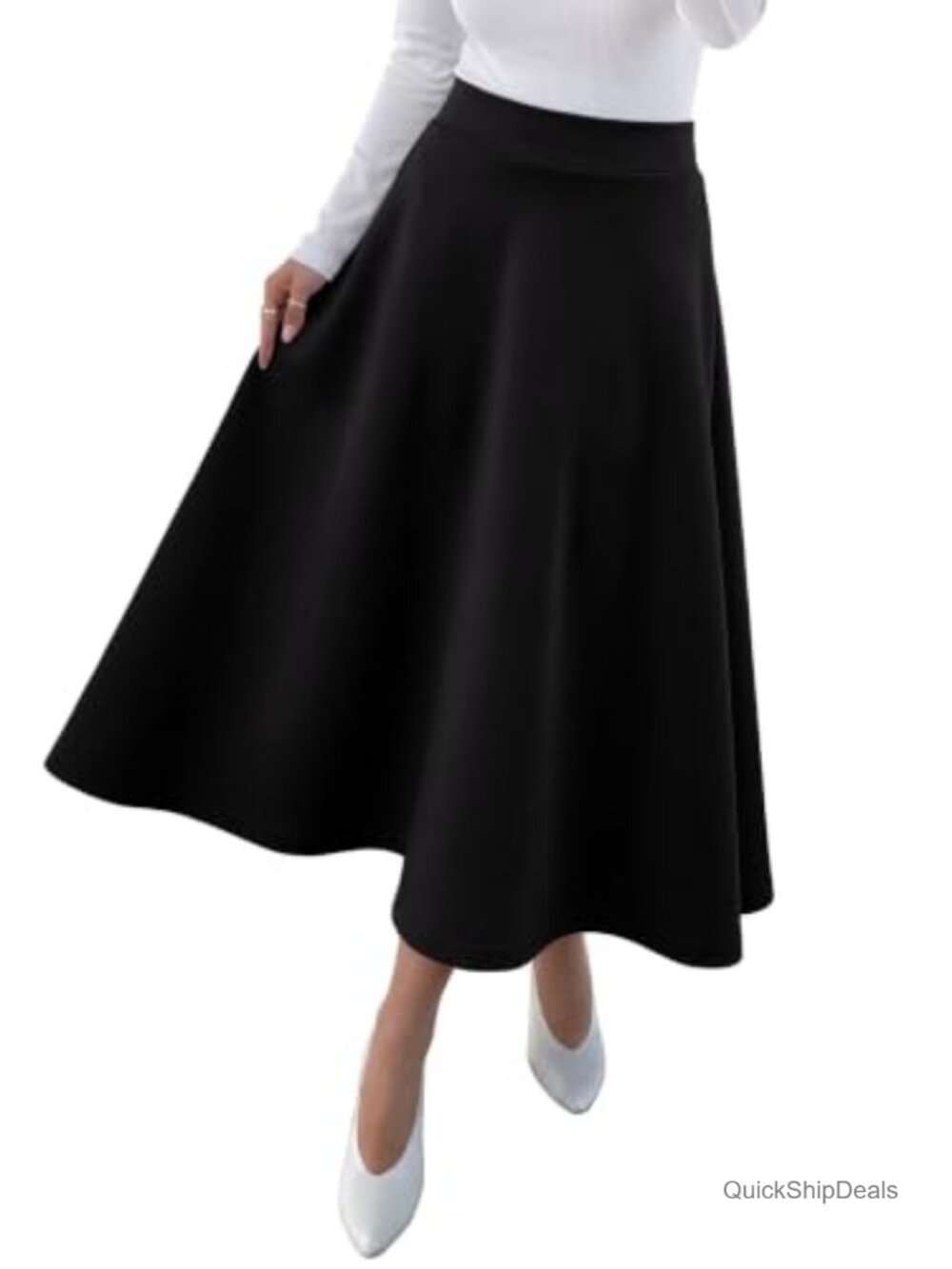 Women's A-Line Elastic High Waist Midi Skirt with Pockets